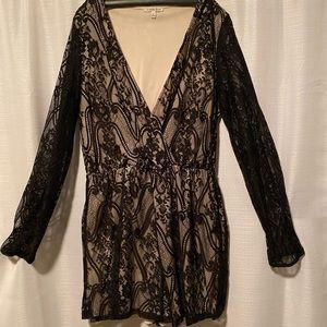 Black and Nude Lace Sleeve Romper